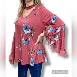 NEW Easel Size Small Red Floral Choker Neck Relaxed-Fit Blouse Ruffled Sleeves